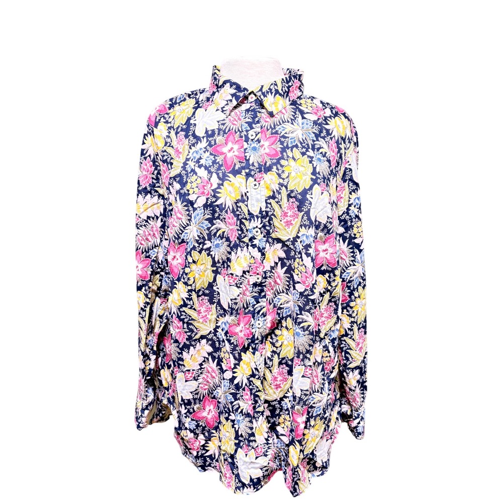 Talbots Plus Navy Pink Yellow Floral Cotton Button Down Shirt Long Sleeve 2X